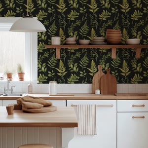 Fern Botanical Wallpaper | Dark Green Leaf Pattern | Bedroom and Kitchen Wallpaper | Peel and Stick Leaves Wall Art | Renter Friendly