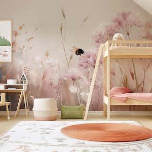 Soft Pink Wildflower Mural for Nursery | Bumblebee Watercolour Wallpaper | Peel and Stick or Traditional Mural | Girls Room Nature Wall Art