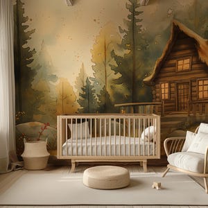 Forest Cabin Wall Mural | Cozy Woodland Wallpaper | Self-Adhesive Kids Room Decor | Removable Log Cabin Mural | Nursery Wall Art