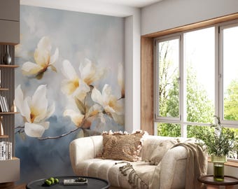 Magnolia Flower Wallpaper Mural | Elegant Hand-Painted Floral Wall Art in Soft Blues and Creams | Removable Peel and Stick Mural