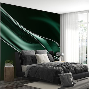 Emerald Abstract Wall Mural, Glossy Green Fluid Wallpaper for Office or Living Room, Peel and Stick or Traditional, Modern Interior Art