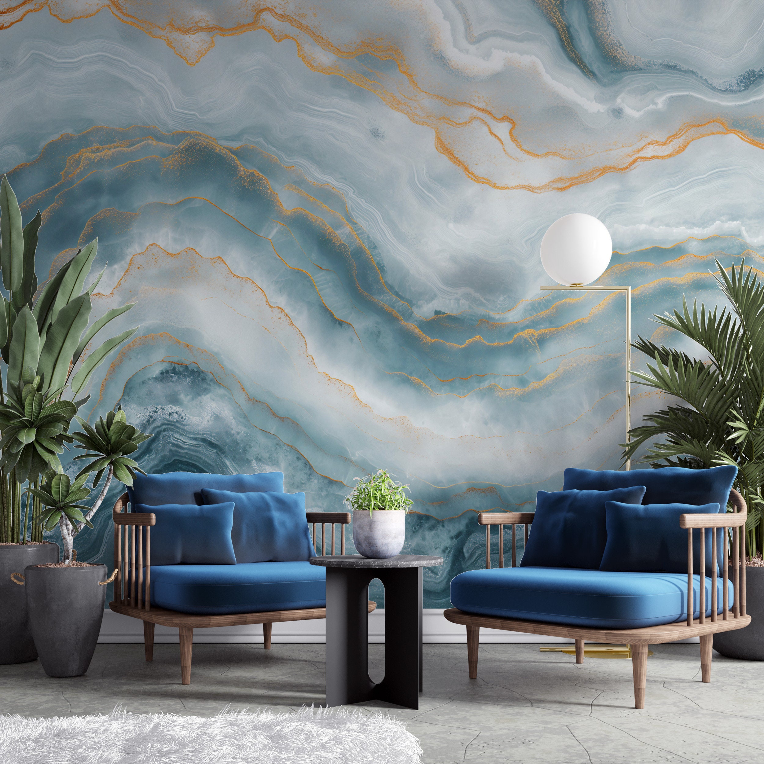 Soft Blue and Rose Gold Marble Mural | Self-adhesive Wallpaper ...