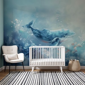 Watercolour Whale Underwater Mural | Nursery Wallpaper | Peel and Stick Mural | Removable & Renter-Friendly | PVC-Free