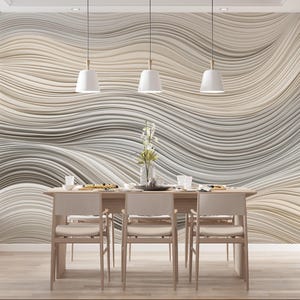 Modern Wave Line Art-behang: abstract beige en grijs Peel-and-Stick-muurschildering