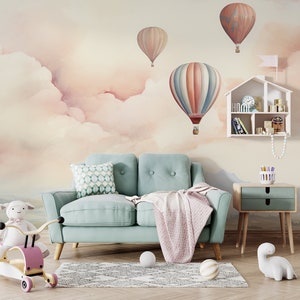 Hot Air Balloon Mural, Cloud Sky Wallpaper, Pastel Nursery Decal, Nature Peel & Stick Mural, Pastel Watercolour, Nursery Wall Decor