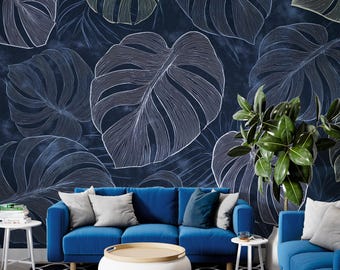 Monstera Leaves Wallpaper | Tropical Blue Wall Mural | Peel and Stick Self Adhesive Removable Mural | Renter Friendly
