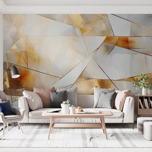 Geometric Abstract Wallpaper, Gold White Watercolor Mural, Rental Friendly Triangle Shape Peel & Stick, Self Adhesive Mural, Eco Friendly