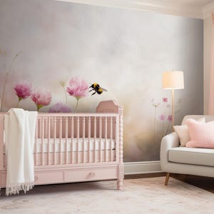 Bumblebee Meadow Wall Mural | Soft Pink Wildflower Wallpaper for Nursery or Kids Room | Peel and Stick or Traditional PVC-Free Art