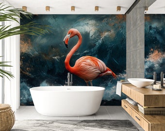 Pink Flamingo Wallpaper, Sea Storm Mural, Removable Landscape Decor, Animal Wallpaper, Self Adhesive Ocean Peel & Stick, Eco Self Sticking