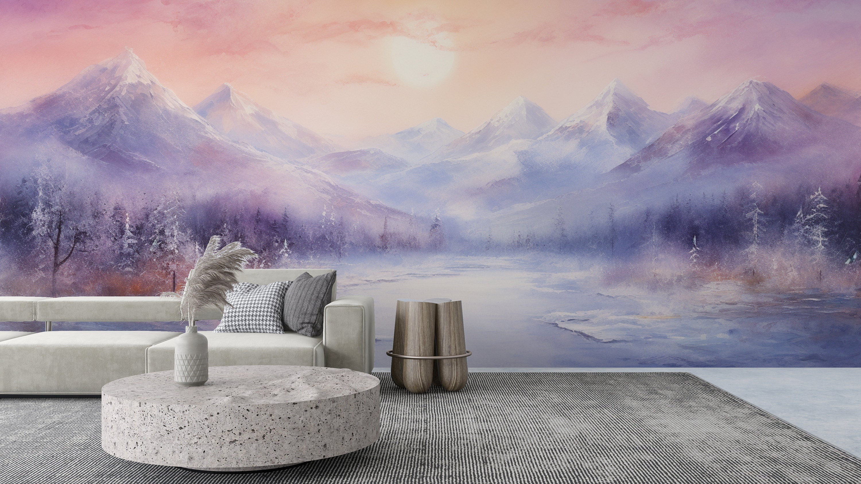 Snowy Forest Mural, Winter Mountain Wallpaper, Watercolor White snow Tree, Nature Scenery Peel & Stick, Alpine Landscape Wallpaper