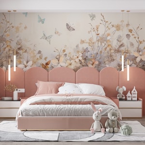 Carta da parati con farfalle e fiori beige, murale botanico, carta da parati floreale staccabile e attaccabile, cameretta colorata, cameretta per bambine, carta da parati di dimensioni personalizzate