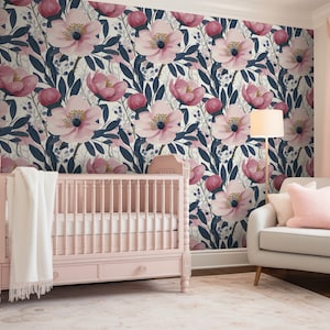 Pink Peony Wallpaper, Floral Wallpaper, Botanical Peel & Stick, Pastel Soft Flower Wall, Removable and Renter Friendly Decor, Pre-pasted