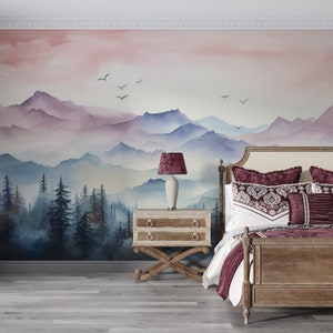 Murale di montagna colorato, carta da parati della foresta nebbiosa, asilo nido per bambina e ragazzo, natura stacca e incolla, murale del paesaggio forestale, acquerello dell'albero di pino
