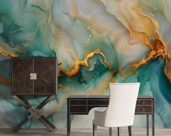 May include: A dark brown cabinet with two doors and a cross-shaped base sits in front of a wall with a green and gold abstract marble pattern. A black desk with six drawers and a white chair are also in the room.