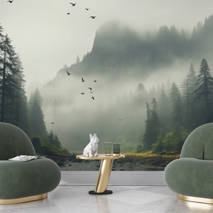 Foggy Forest Wallpaper, Misty Forest Wallpaper, Tree Wall Mural, Dark Green Leaves, Nature Peel and Stick Bedroom Wall, Vinyl Wallpaper