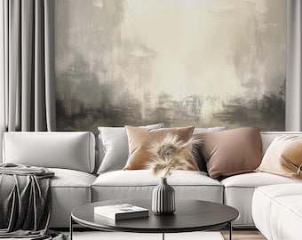 Mural de parede Contemporary Brushstrokes | Papel de parede cinza e bege | Mural abstrato de tinta | Decoração de parede descascável e adesiva | Sem PVC