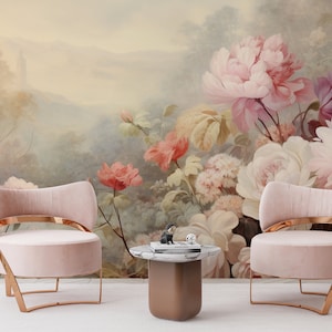 Rose Floral Wallpaper, Peony Flower Mural, Pastel Pink Blossom Peel & Stick, Rococo Style Botanical Wall, Custom Size Removable Decal