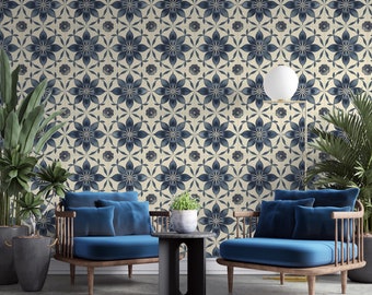 Indigo Geometric Wallpaper | Modern Blue White Shape Decor | Floral Peel and Stick | Renter Friendly | Minimalistic Wallpaper