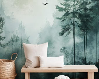 Mural Forest Moody | Descasque e cole | Papel de parede autoadesivo | Mural de parede Foggy Forest | Papel de parede removível | Amigável para locatários