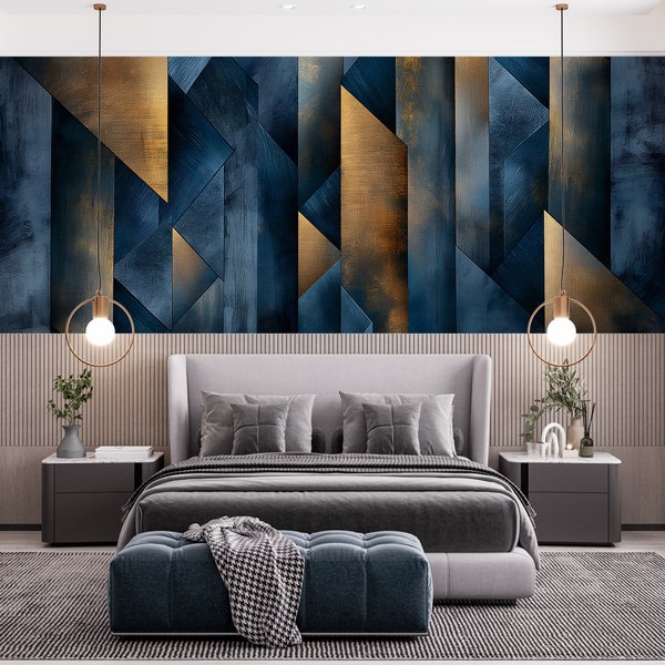 Blue Geometric Wallpaper | Peel and Stick Mural | Abstract Art Wall Mural | Removable Wallpaper | Eco-Friendly, PVC-Free