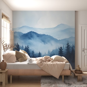 Misty Mountain Forest Mural | Blue Watercolour Wallpaper | Peel and Stick Wallpaper for Bedroom Decor | Free Shipping