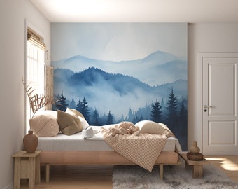 Misty Mountain Forest Mural | Blue Watercolour Wallpaper | Peel and Stick Wallpaper for Bedroom Decor | Free Shipping
