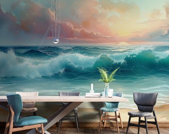 Tropical Island Mural, Sea Wave Wallpaper, Stormy Ocean Peel & Stick, Sand Beach Decal, Renter Friendly Wall, Dramatic Sky, Dreamy Resort