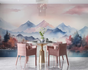 Colorful Mountain Wallpaper, Misty Forest Mural, Forest Landscape Mural, Tree Watercolor Wallpaper, Nature Peel & Stick, PVC Free Wall Decal