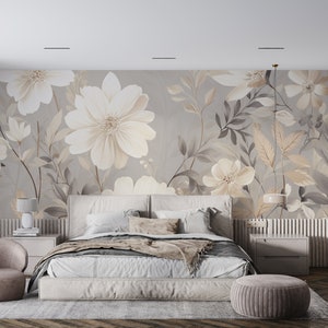 Carta da parati floreale pastello, murale con motivo floreale, carta da parati adesiva Blossom Peel & Stick, carta da parati botanica Beige White Botanical Aster, decalcomania rimovibile di dimensioni personalizzate
