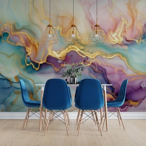 Murale in marmo acquerello, carta da parati in pietra, stacca e incolla astratto, parete artistica moderna con inchiostro alcolico, murale in oro rosa blu, carta da parati rimovibile