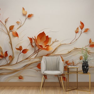 3D フローラル壁紙、ゴールド フラワー 壁画、植物の剥がして貼る壁紙、オレンジのトロンプルイユ ツリー壁紙、賃貸住宅に優しいデカール