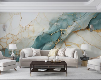 Stone Mural, Marble Wallpaper, Abstract Watercolour Peel & Stick, Modern Alcohol Ink Art Wall, Emerald Teal Gold Mural, Removable Wallpaper