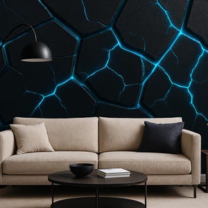 Carta da parati Cyber Cracked / Carta da parati Cyan Tech / Decorazione murale staccabile e adesiva per la stanza dei gamer, Carta da parati futuristica per ufficio / Design nero e blu
