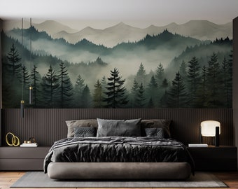 Misty Forest Mural, Foggy Mountain Wallpaper, Moody Tree Watercolor, Nature Scenery Peel & Stick, Removable Moody Landscape Wallpaper