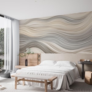 Abstract Wave Line Art Wallpaper, Modern White Beige Grey Mural, Minimalist Repositionable Peel & Stick, Wavy Pattern, Custom Size