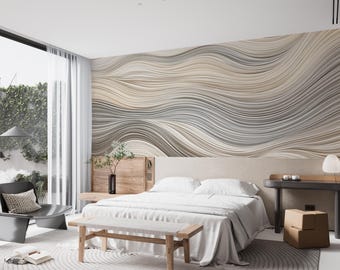Abstract Wave Line Art Wallpaper, Modern White Beige Grey Mural, Minimalist Repositionable Peel & Stick, Wavy Pattern, Custom Size