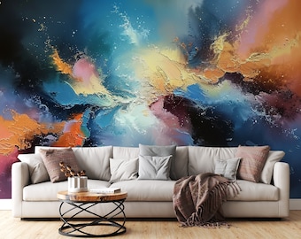 Abstrakte Kunst Tapete, Ölgemälde, zeitgenössisches Wandbild Peel & Stick Tapete, moderne Alkohol Tinte Kunst Farbexplosion, Wohnzimmer Wand