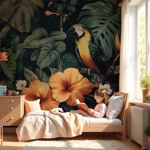 Tropical Parrot Wallpaper, Jungle Botanical Peel and Stick Mural, Hibiscus Floral Wall Mural, Dark Exotic Wall Decor, PVC Free, Custom Size