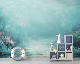 Aquarell Ozean Wallpaper | Meer Schälen und Stick Kinderzimmer Wanddeko | Fische Kinderwandbild | Unterwasser Wallpaper | Baby Jungen Wandbild