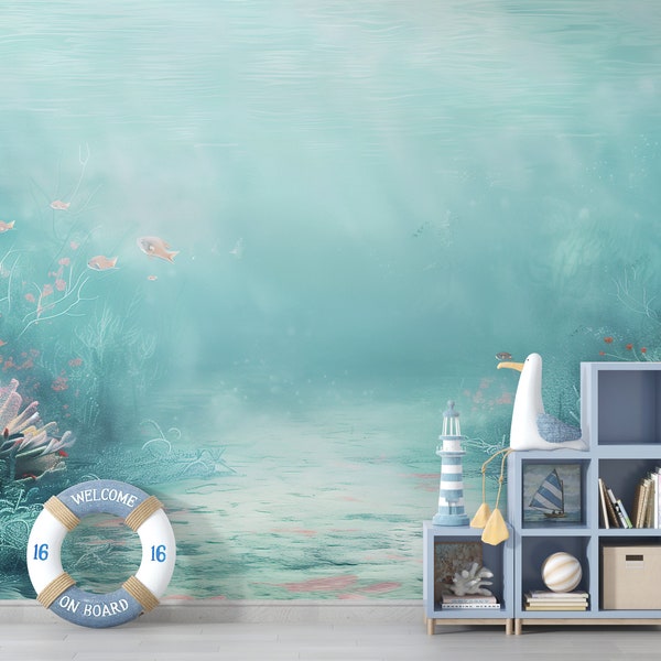 Papel pintado del océano de la acuarela / Decoración de la pared del vivero de la cáscara y del palo del mar / Mural de la pared de los niños de los peces / Fondo de pantalla submarino / Mural del niño del bebé