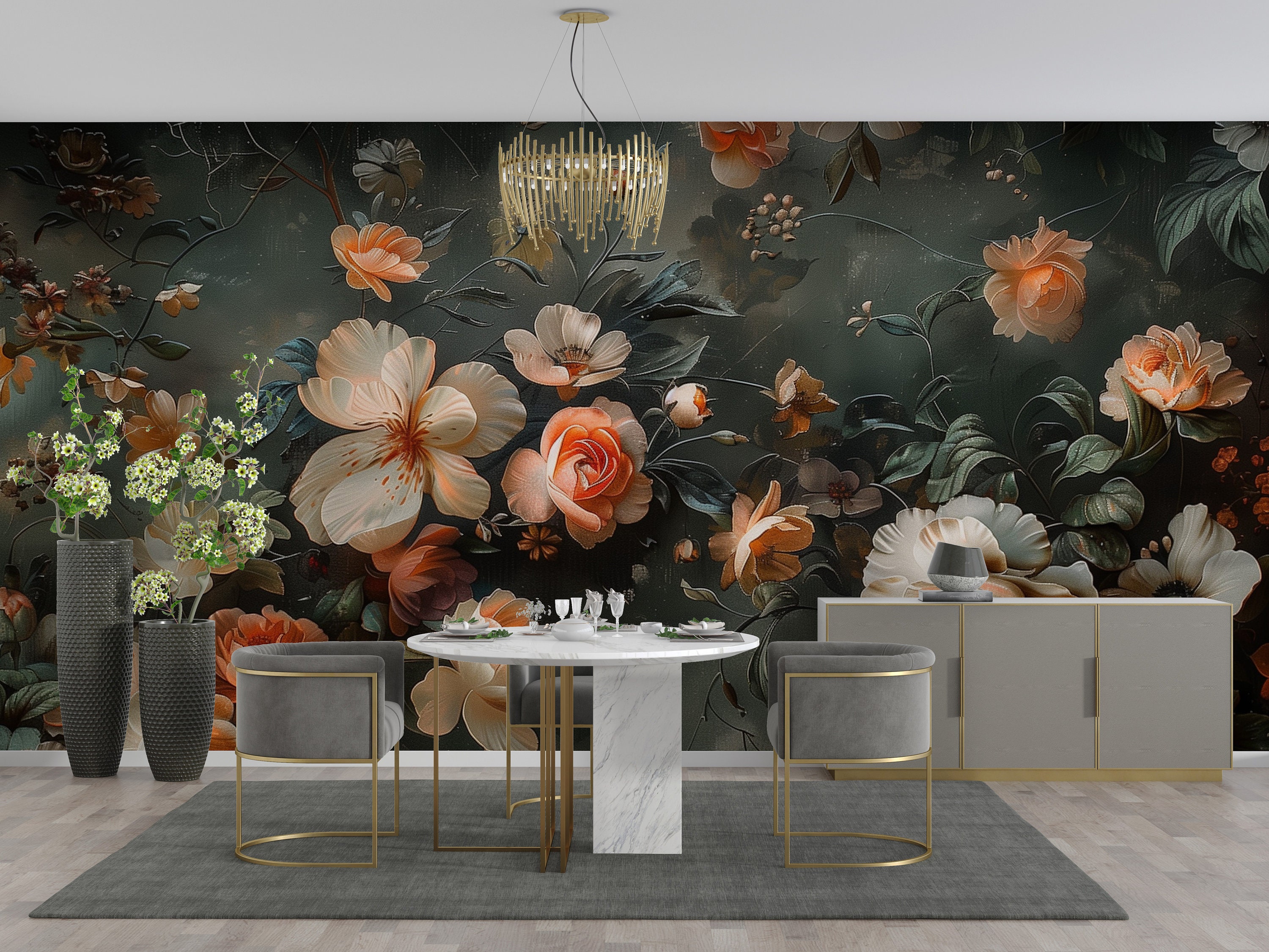 Dark Floral Wallpaper, Vintage Botanical Mural, Vintage Flowers ...