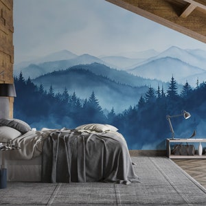 Carta da parati foresta blu nebbiosa, murale con montagne ad acquerello, carta da parati peel and stick, foresta nebbiosa, murale senza PVC