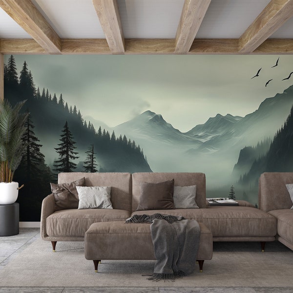 Forest Mural | Foggy Forest Wallpaper | Birds Wall Mural | Dark Misty River | Peel & Stick | Bedroom Removable Mural | Eco Friendly