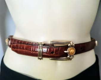Vintage Brighton Crocodile Leather Belt: Silver Roman Coin Buckle, Size S