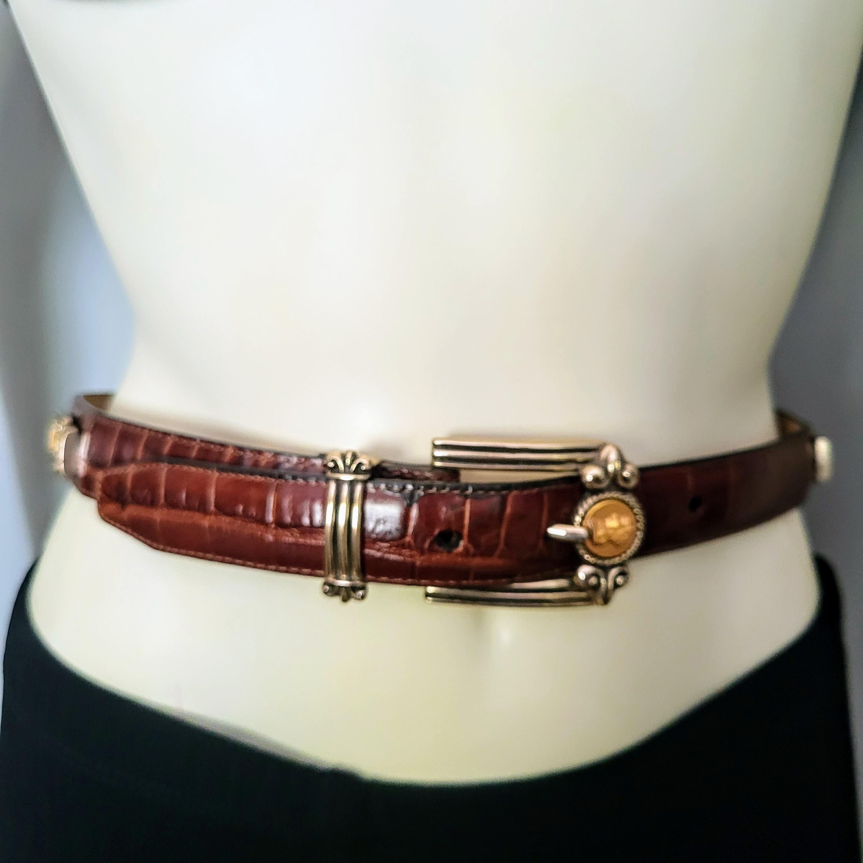 Ceinture Brighton Museum Collection - Cuir Croco Marron - Pièce Romaine Argent/or - Occasion