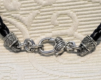 BRIGHTON Silver Heart Woven Leather Choker Necklace/Black Leather Chain Silver Signature Heart Decorated Closure Jewelry/Gift For Her/No.248