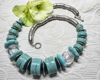 Chunky Faux Turquoise Statement Necklace Vintage Handmade Beaded Southwestern Art Jewelry Gift