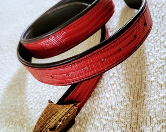 QUIN Vintage Red Croc Embossed Belt With Unique Cast Bronze 