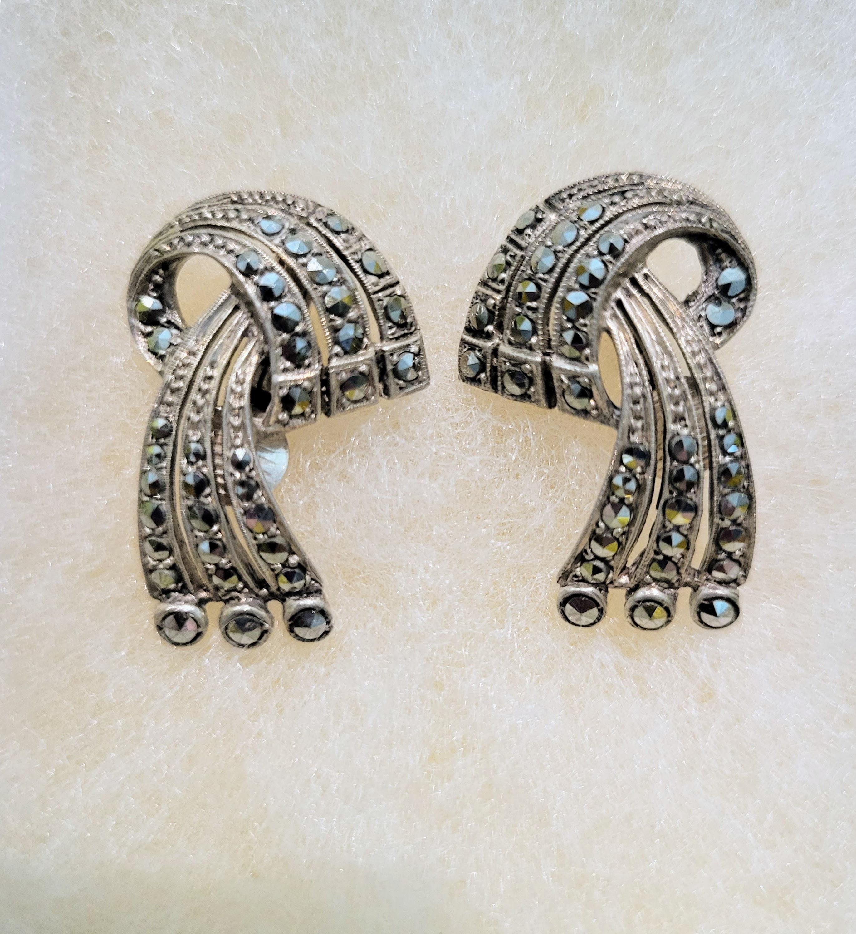 Boucles D'oreilles Anciennes Art Déco à Clips En Argent Massif Et Marcasite