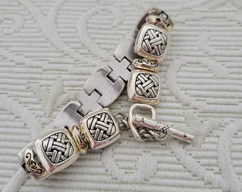 BRIGHTON Quadratisches Gliederarmband 20,3 cm lang / Vintage versilbert geflochtenes Muster Links eleganter dekorativer Schmuck / 266